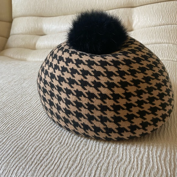 Made in Japan- Le Chapeau 100% wool houndstooth Baret hat with rabbit fur top - Picture 6 of 10